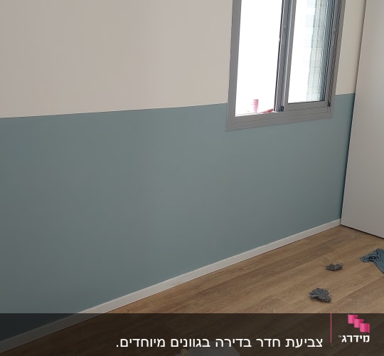 קיר צבוע חצי לבן חצי כחול עם דלי צבע ומברשת